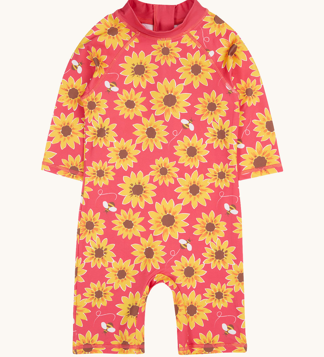 Frugi all in one sun safe swimwear suit. In pink with a repeating yellow sunflower and flying bee print