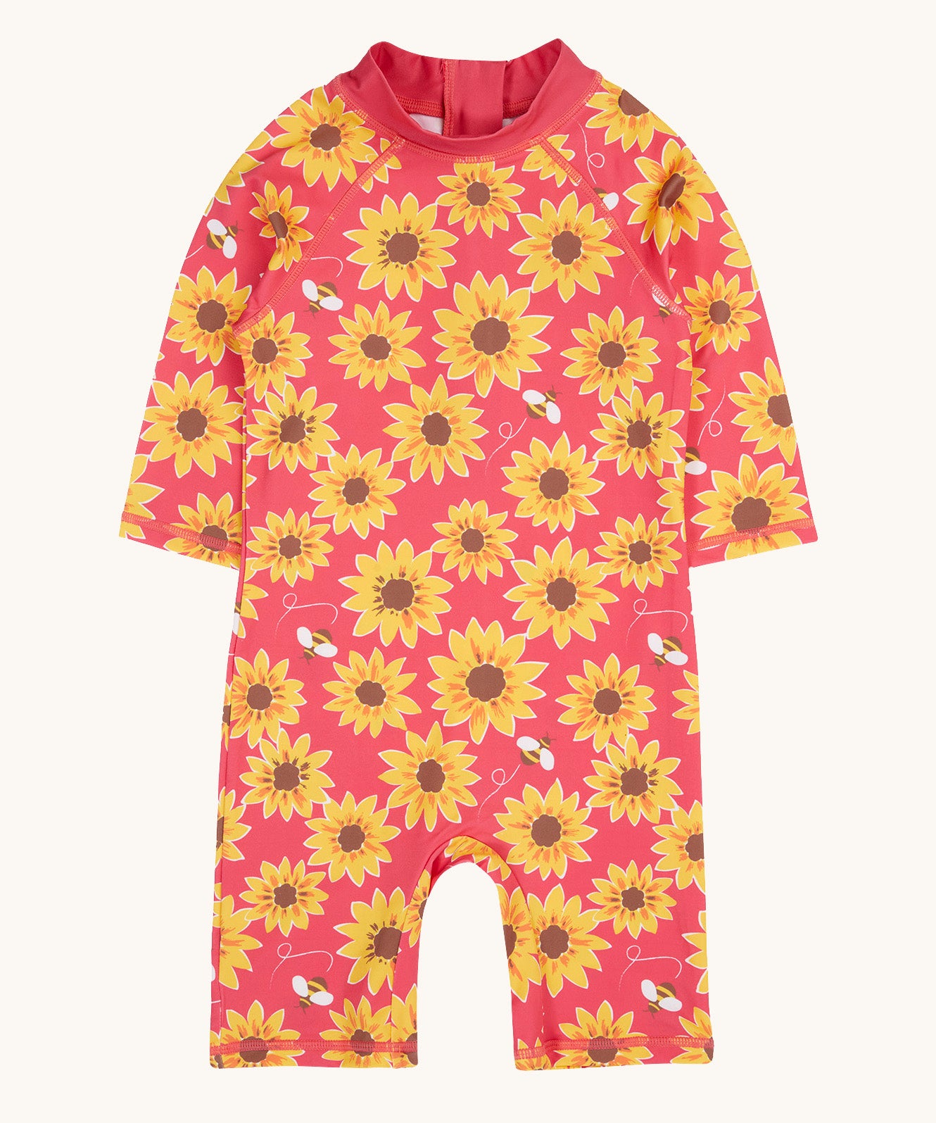 Frugi all in one sun safe swimwear suit. In pink with a repeating yellow sunflower and flying bee print