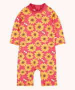 Frugi all in one sun safe swimwear suit. In pink with a repeating yellow sunflower and flying bee print