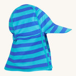 Frugi little swim hat blue stripe design on a cream background.