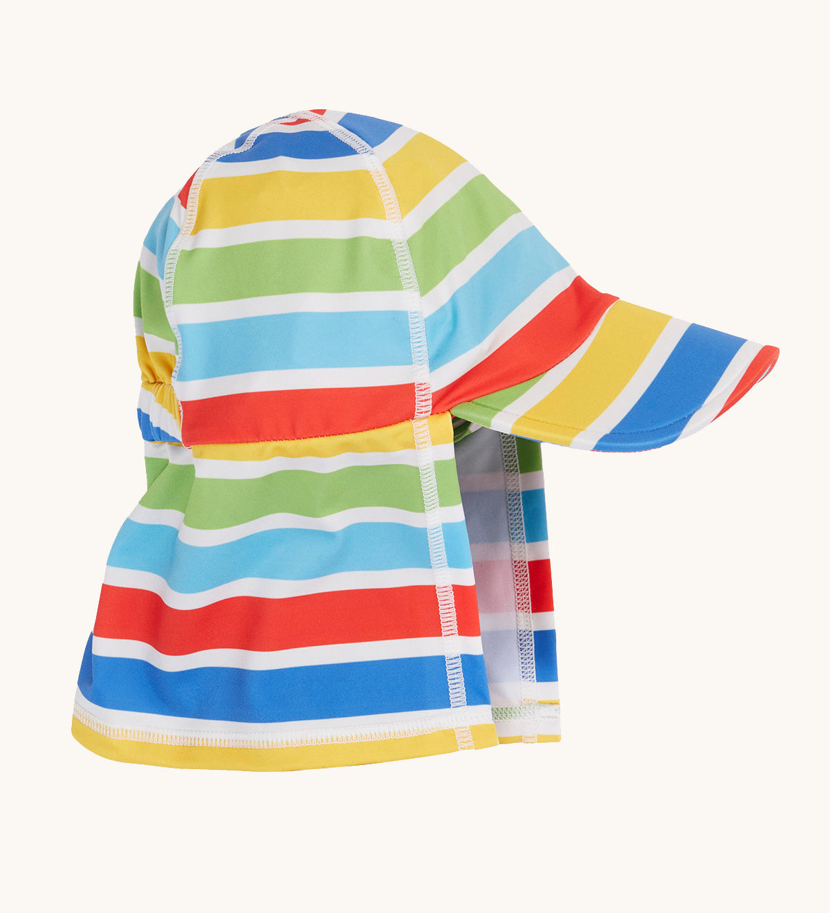 Frugi sun safe swimwear hat in a mulicoloured stripes design. Features a neck protector and brim.