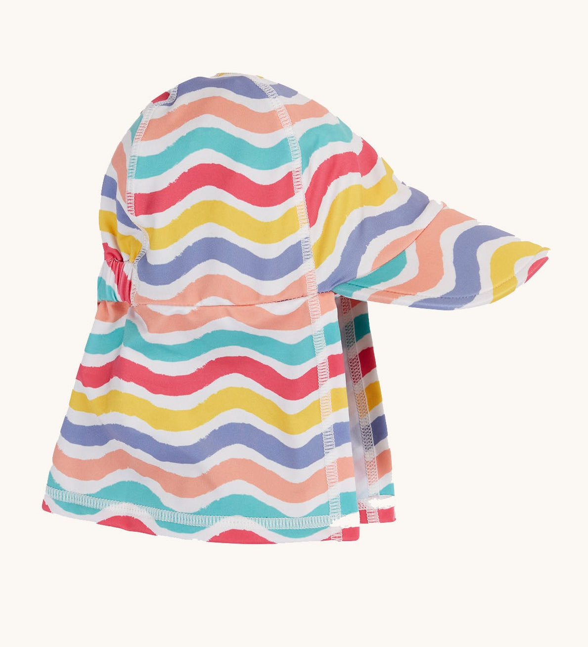 Frugi sun safe swimwear hat in a pastel coloured wavy striped design. Features a neck protector and brim.