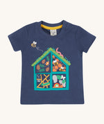 Frugi kids navy interactive short sleeve t-shirt bug hotel design on a cream background.