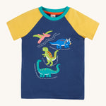 Frugi yellow and navy short sleeve top dino design on a cream background.