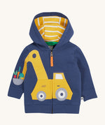 Frugi navy hoodie digger design on a cream background.