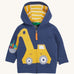 Frugi navy hoodie digger design on a cream background.