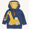Frugi navy hoodie digger design on a cream background.