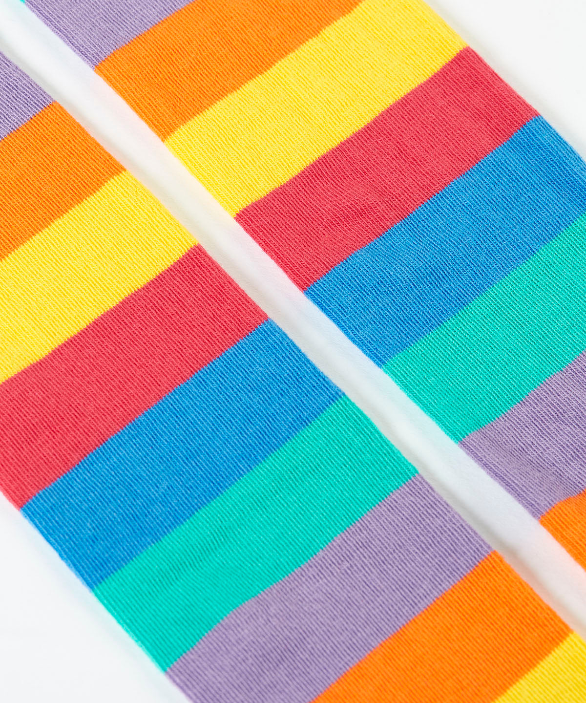 A close up of the rainbow stripe design on the bottom half of the light purple Frugi leggings.