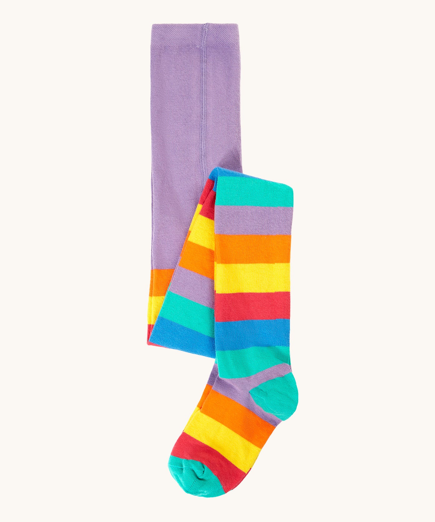 Frugi organic cotton tights laid flat. In light purple with a rainbow stripe design on the bottom half.