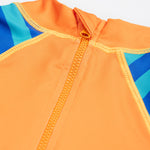 Frugi blue and orange little sun safe suit  crab back neck detail