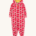 Frugi pink big snuggle suit strawberry pals design on a cream background.