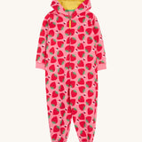 Frugi pink big snuggle suit strawberry pals design on a cream background.