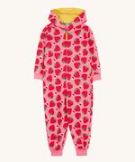 Frugi pink big snuggle suit strawberry pals design on a cream background.