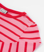 Frugi pink stripe yellow strawberry outfit shoulder popper detail