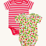 Frugi pink stripe body 2 pack strawberry field design on a cream background.