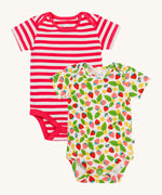 Frugi pink stripe body 2 pack strawberry field design on a cream background.
