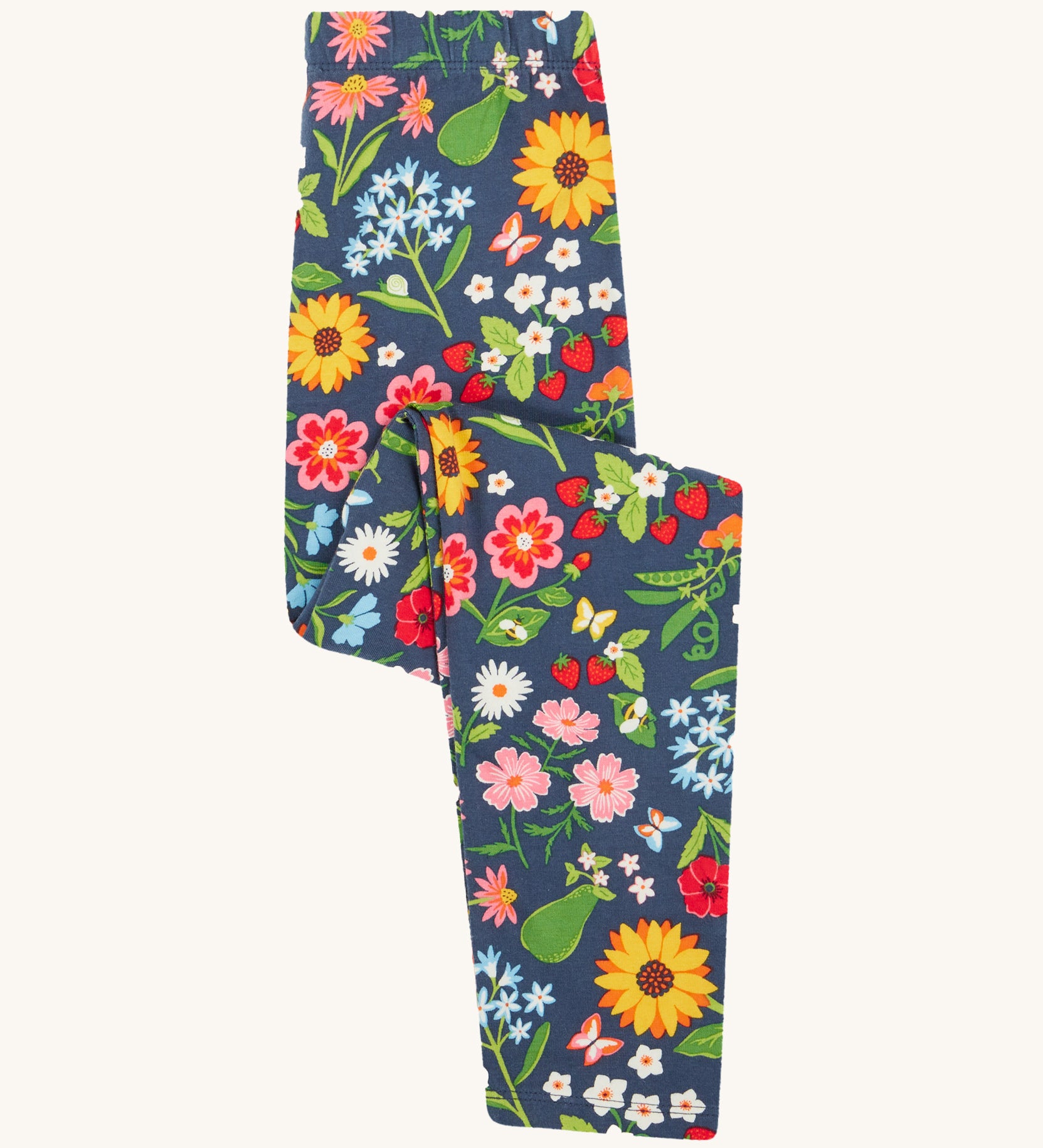 Frugi navy leggings potager garden design folded on a cream background
