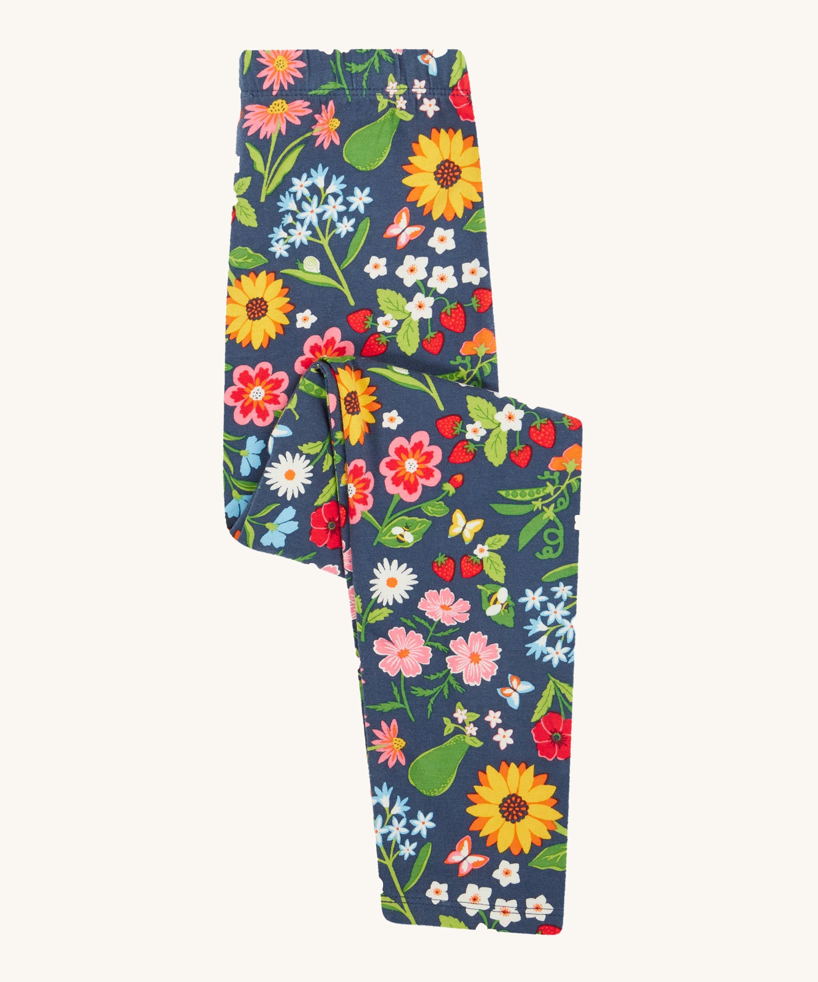 Frugi navy leggings potager garden design folded on a cream background