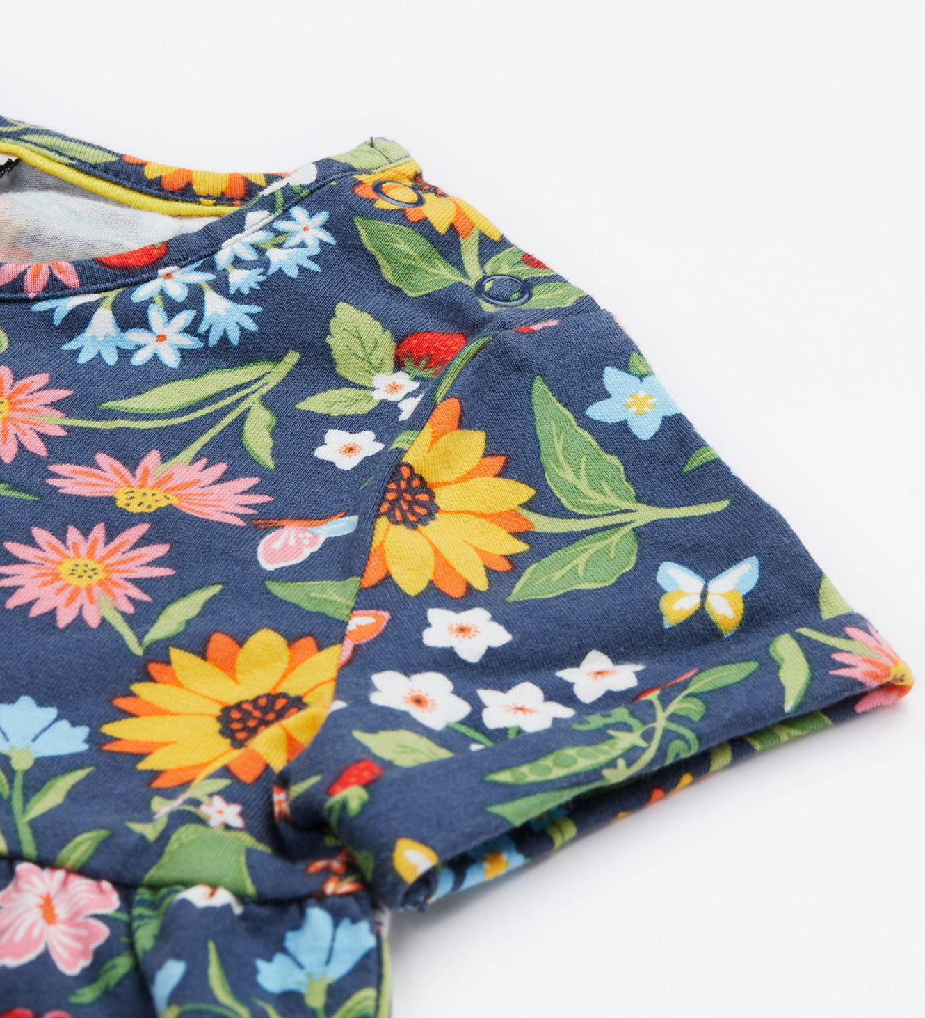 Frugi navy dress potager garden design sleeve detail
