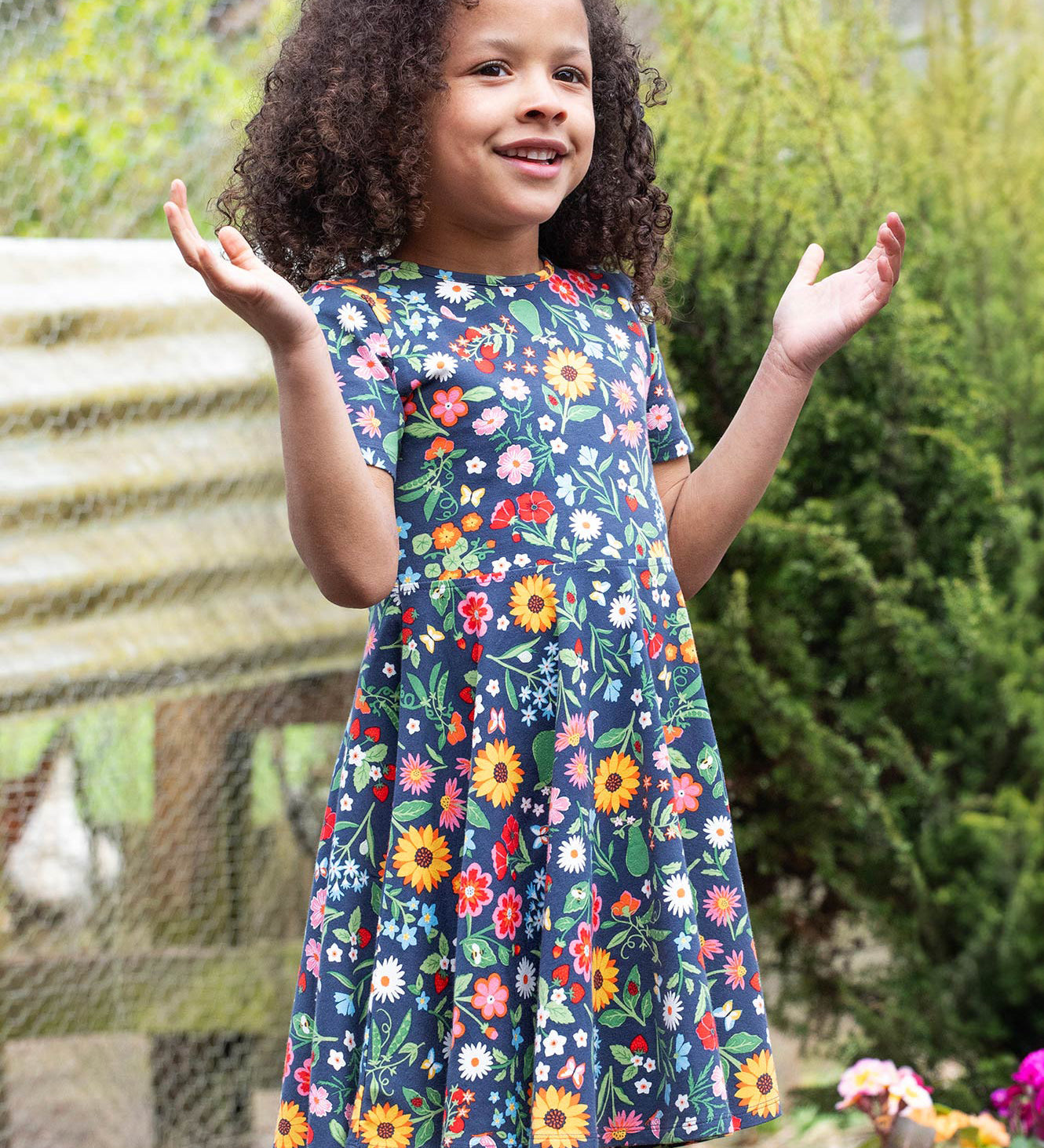 Frugi navy skater dress potager garden design 