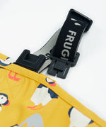 Frugi yellow puddle buster trousers puffin design shoulder strap detail