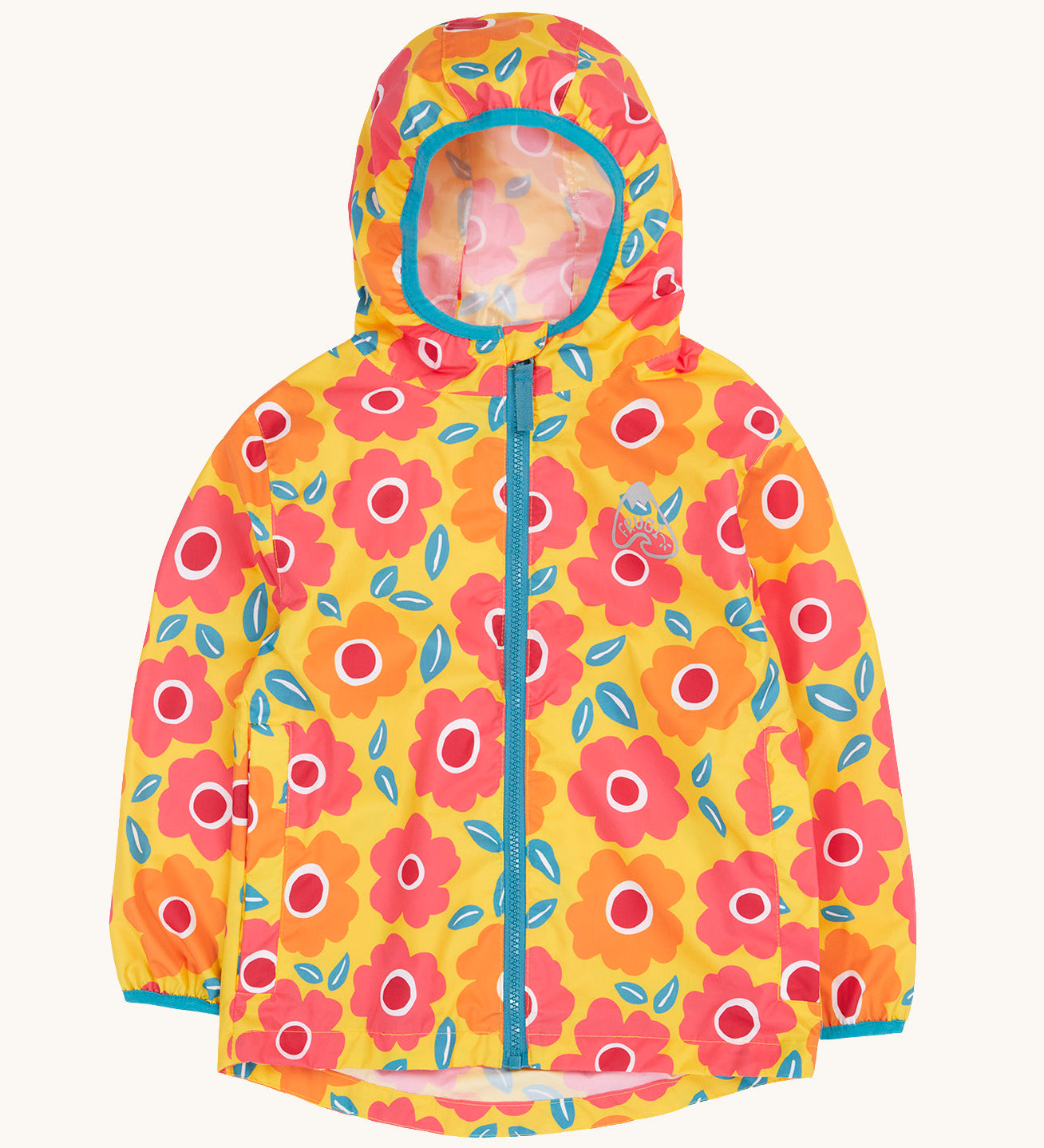 Frugi hooded rain jacket laid flat. In yellow and light blue trim with a repeating orange and pink floral print.