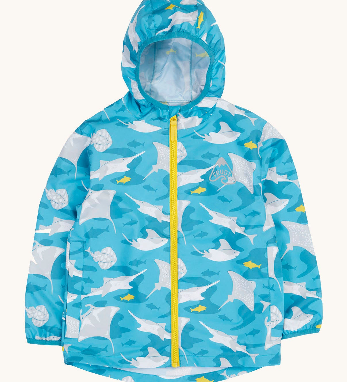 Frugi hooded rain jacket. In light blue and a yellow zip with a repeating grey manta ray and shark print.