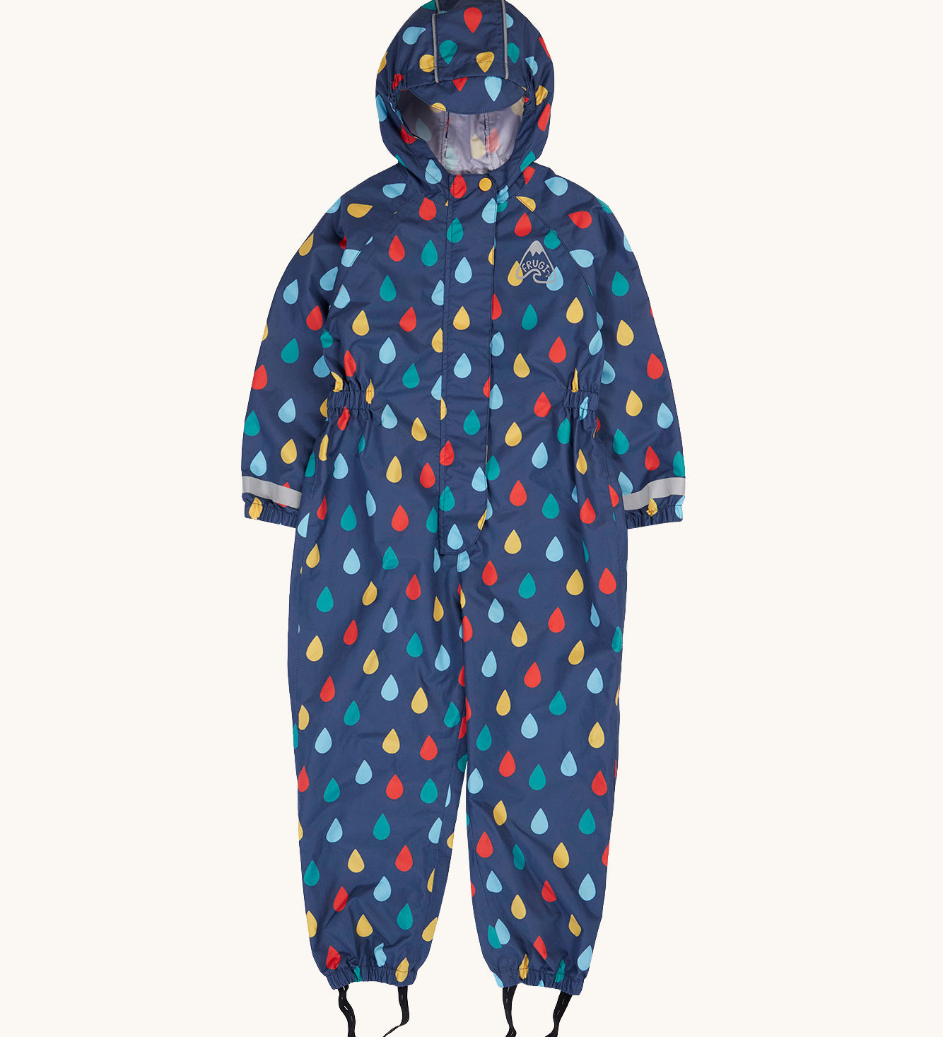 Frugi hooded waterproof all in one suit. In navy with a repeating coloured raindrop print and reflective strips on each and a elastic strap on the leg cuff.
