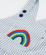 Frugi blue stripe dungarees rainbow design print detail