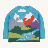 The back of the Frugi reva knitted cardigan showing the continuing mountain scene design 