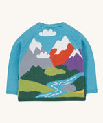 The back of the Frugi reva knitted cardigan showing the continuing mountain scene design 