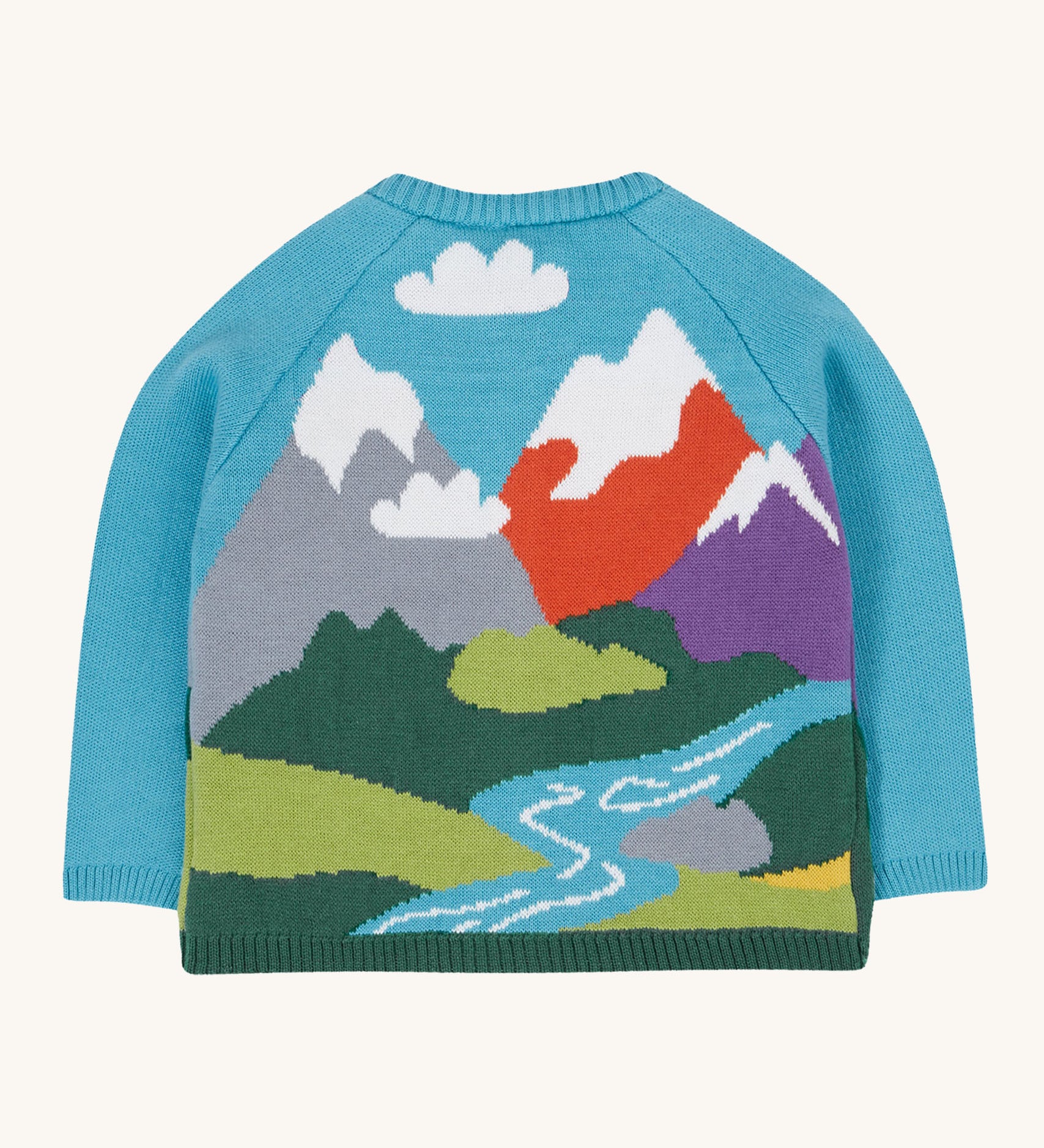 The back of the Frugi reva knitted cardigan showing the continuing mountain scene design 