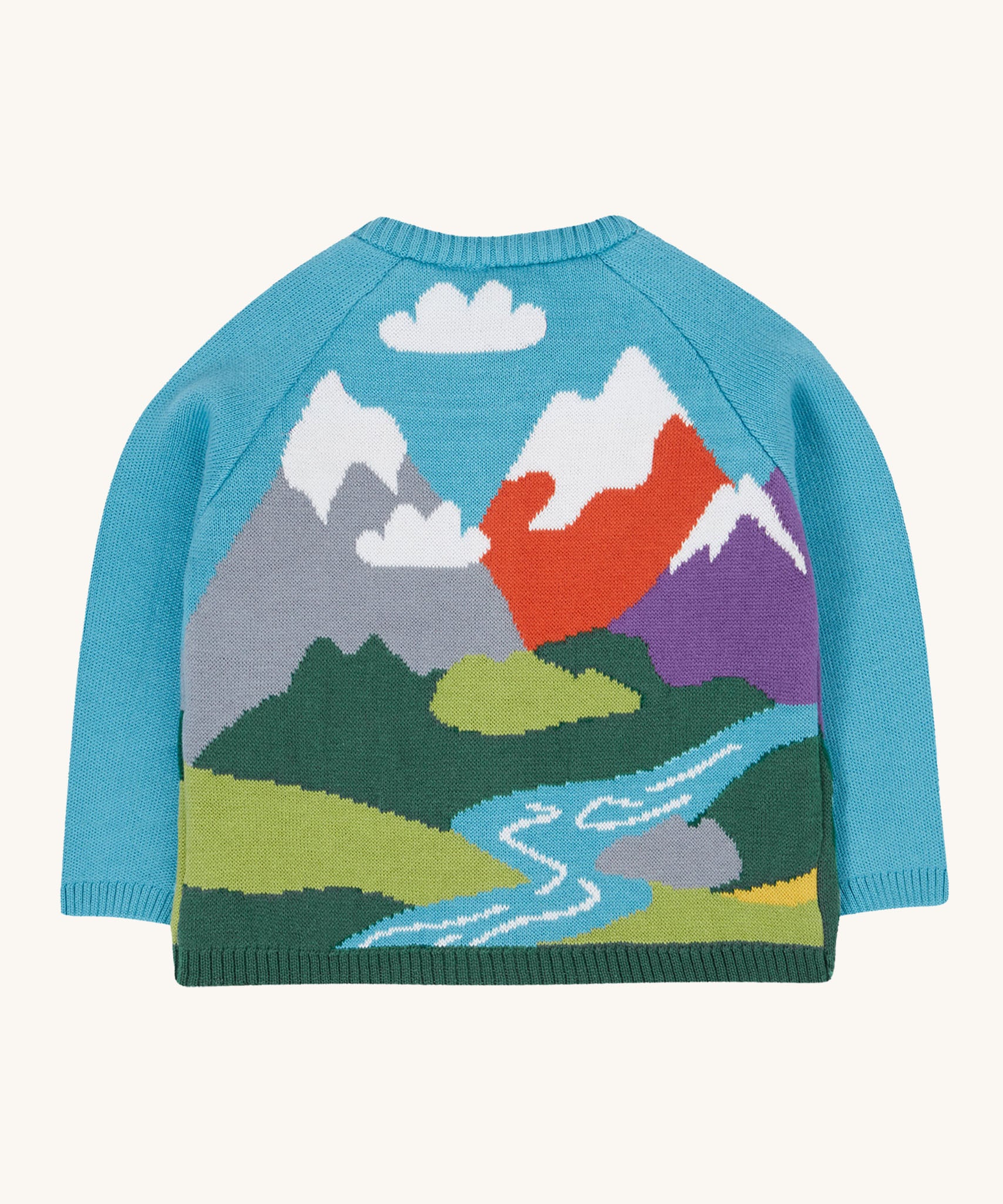 The back of the Frugi reva knitted cardigan showing the continuing mountain scene design 