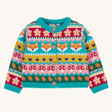 Frugi kids robyn fairisle cardigan in fox. A 100% GOTS organic cotton soft knit cardigan with a playful woodland inspired fairisle design and bright blue trim.