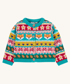 Frugi kids robyn fairisle cardigan in fox. A 100% GOTS organic cotton soft knit cardigan with a playful woodland inspired fairisle design and bright blue trim.