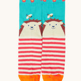 A playful hedghog themed Frugi organic cotton sock laid flat 