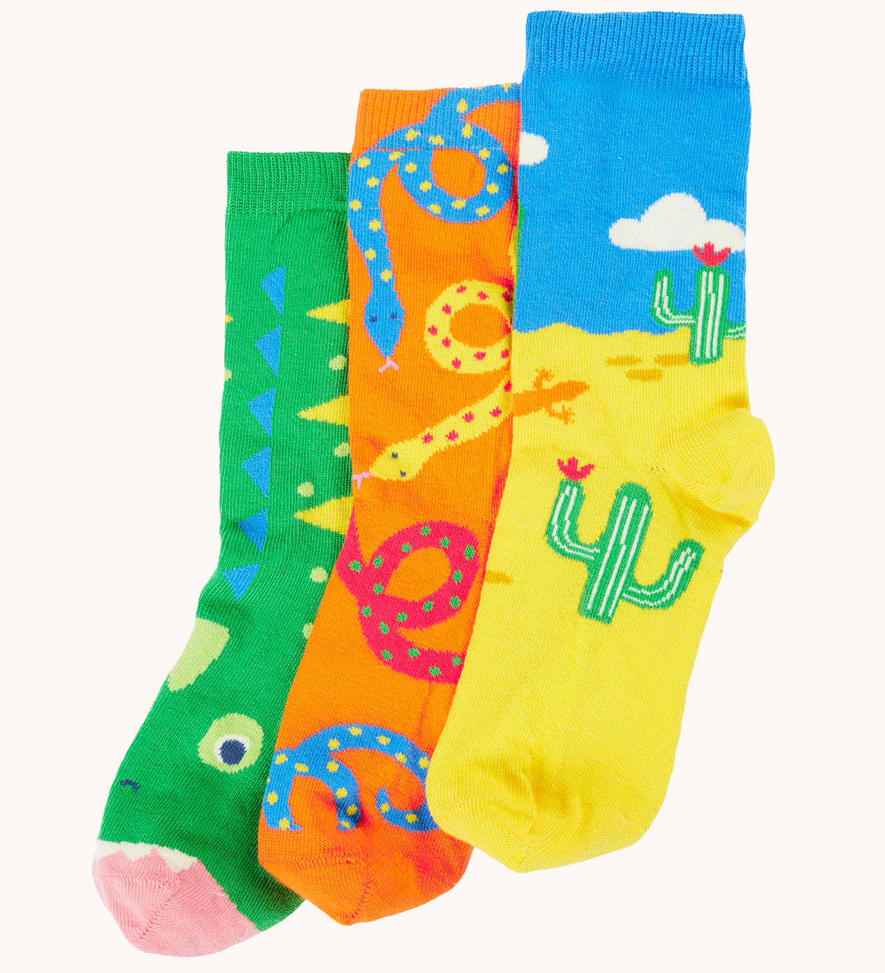 Frugi 3 pack organic cotton socks laid flat. In reptile themed colours and designs