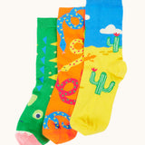 Frugi 3 pack organic cotton socks laid flat. In reptile themed colours and designs