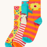 Frugi 3 pack organic cotton socks laid flat. In garden themed colours and designs