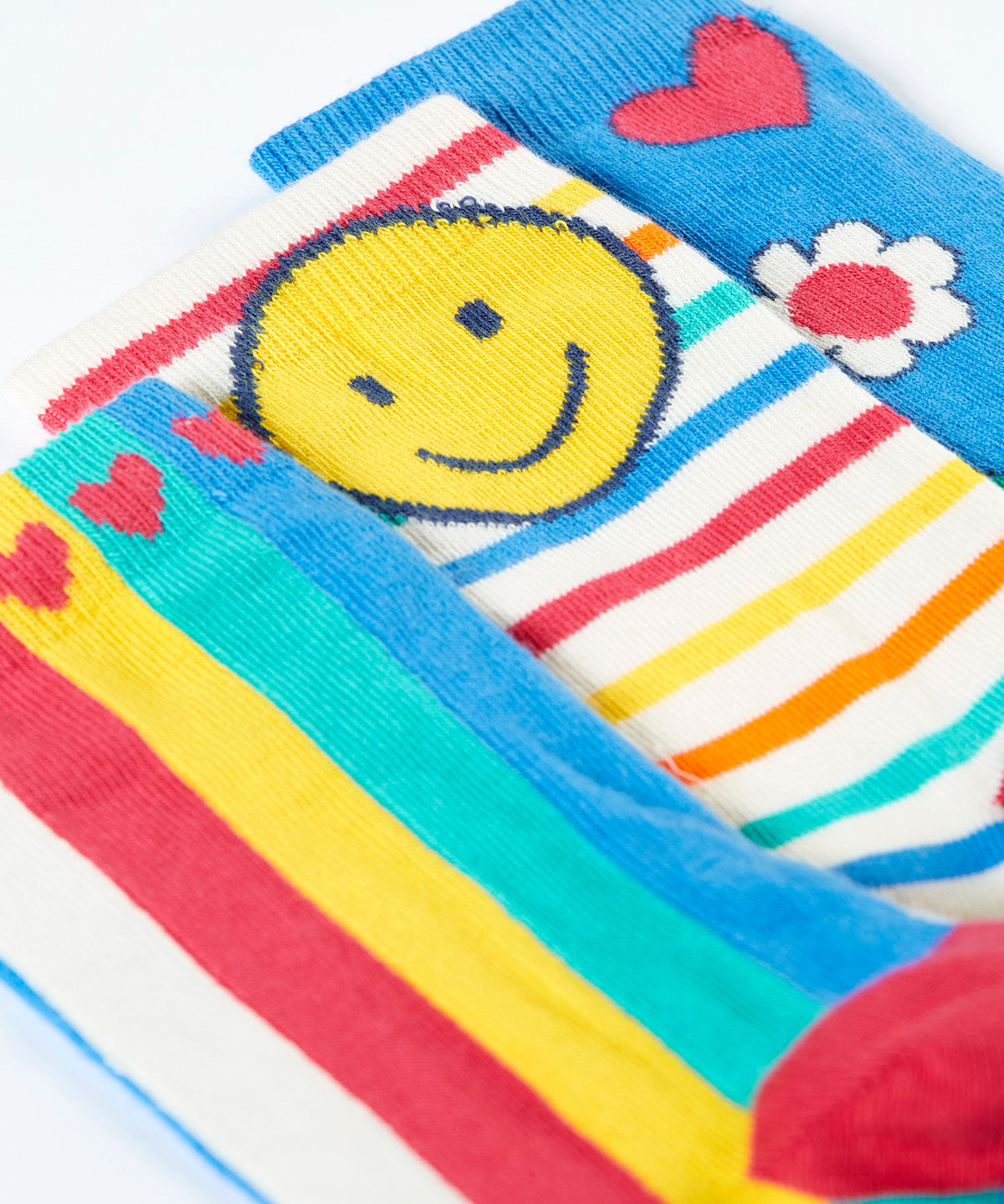 A close up of the happy themed Frugi 3 pack organic cotton socks laid flat showing a smiling face on a stripy sock 