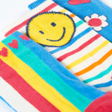 A close up of the happy themed Frugi 3 pack organic cotton socks laid flat showing a smiling face on a stripy sock 