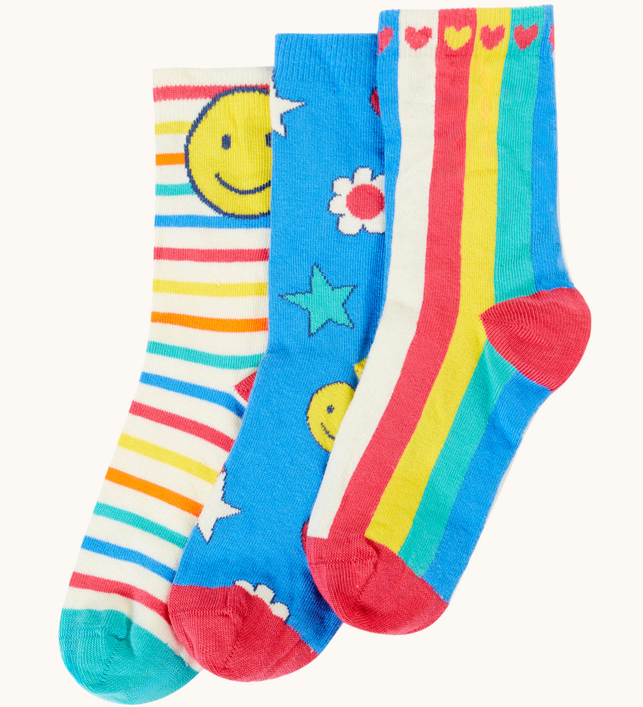 Frugi 3 pack organic cotton socks laid flat. In bright and bold designs