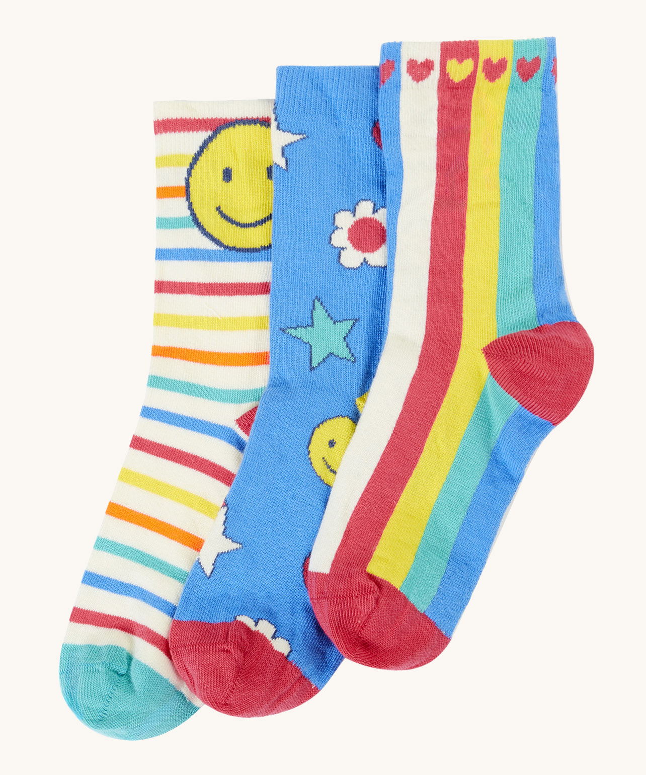 Frugi 3 pack organic cotton socks laid flat. In bright and bold designs