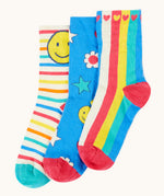 Frugi 3 pack organic cotton socks laid flat. In bright and bold designs