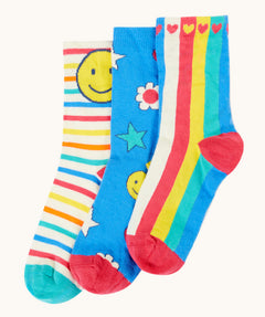 Frugi 3 pack organic cotton socks laid flat. In bright and bold designs