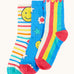 Frugi 3 pack organic cotton socks laid flat. In bright and bold designs
