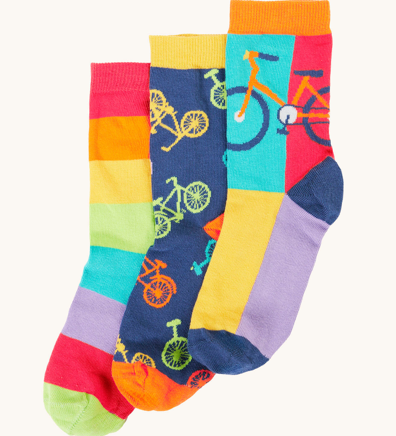 Frugi 3 pack organic cotton socks laid flat. In cycling themed colours and designs