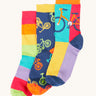 Frugi 3 pack organic cotton socks laid flat. In cycling themed colours and designs