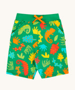 Frugi samson printed shorts laid flat. In bright green with a repeated chameleon and leaves print. Features a orange waist tie