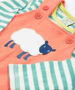 Frugi pink, green stripes dungaree outfit sheep design print detail